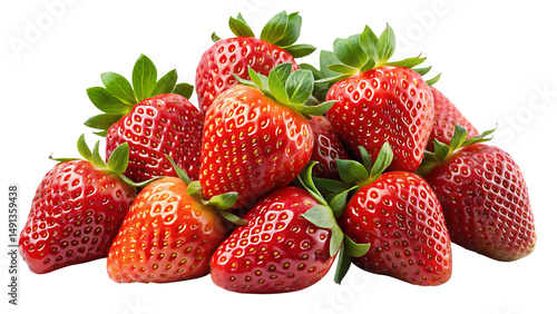 Pile of fresh and ripe red strawberries with green leaves on white