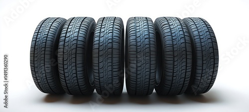 Six black car tires standing vertically in a row on a white background showing detailed tread patterns with soft lighting