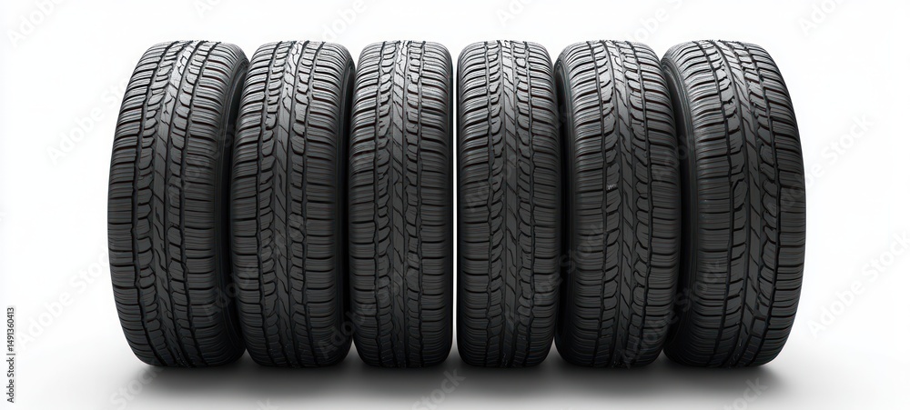 Six black car tires with detailed tread patterns standing upright in a row on a white background showing texture and uniform alignment Six black car tires with detailed tread patterns standing upright in a row on a white background showing texture and uniform alignment