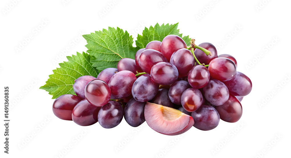 Fototapeta premium Fresh and Juicy Red Grapes with Green Leaves on a White Background