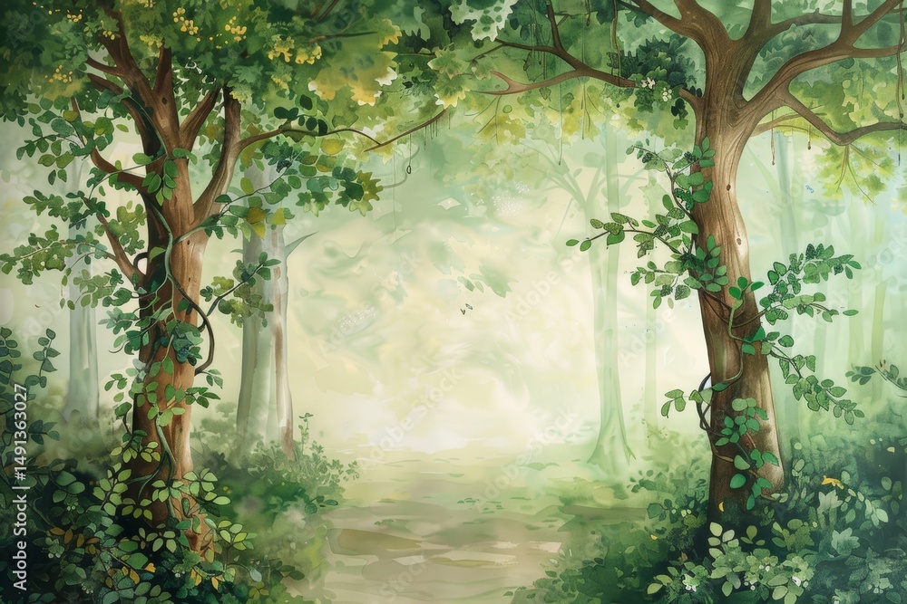 Obraz premium Magical Forest Illustration in Whimsical Kids Style for Nursery Wallpaper