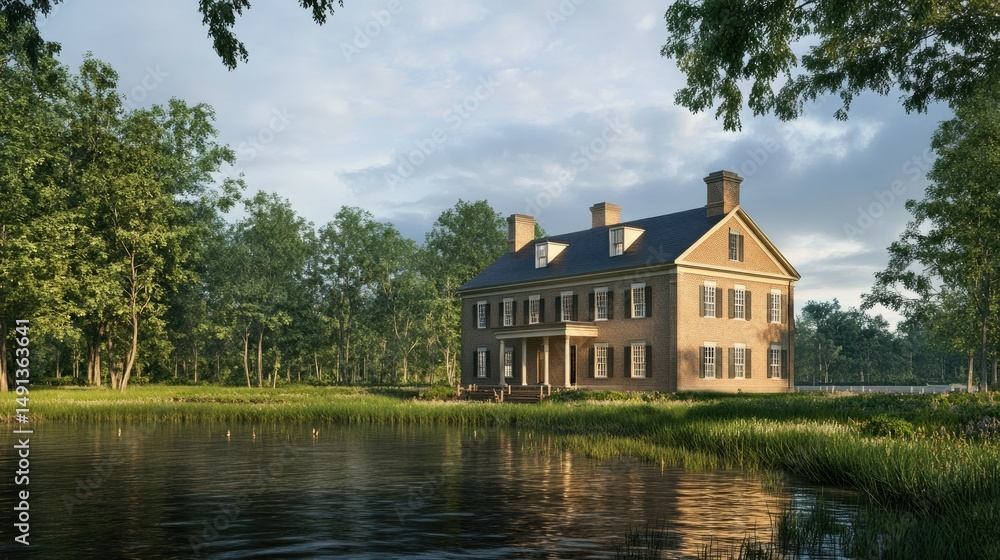 Fototapeta premium Serene Estate by the Lake: A Tranquil Lakeside Mansion