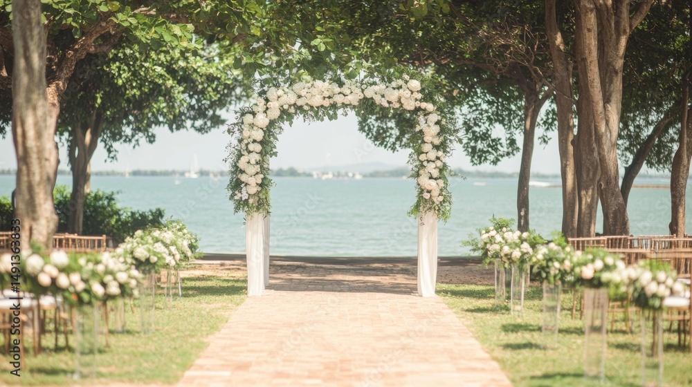Elegant floral archway ceremony by the water. Elegant floral archway ceremony by the water.