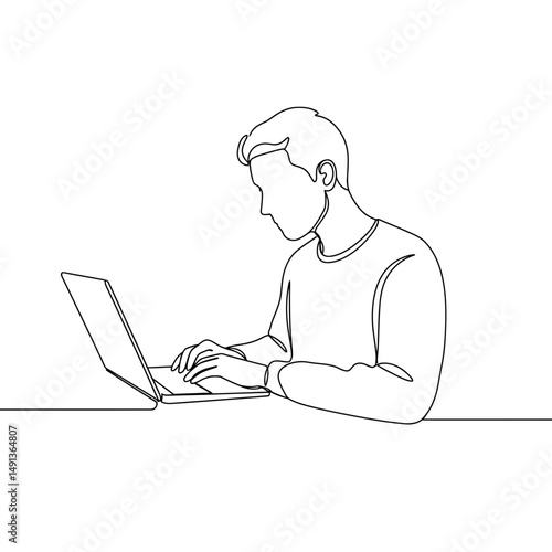 Man using laptop while focused on work in a minimalist style  