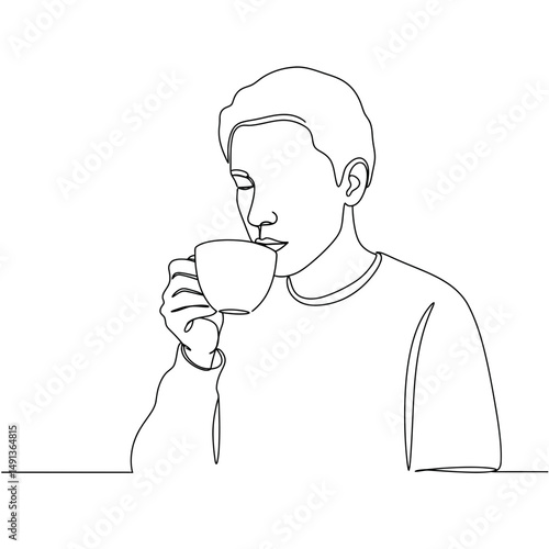 Person holding a cup while drinking thoughtfully in minimalist style  