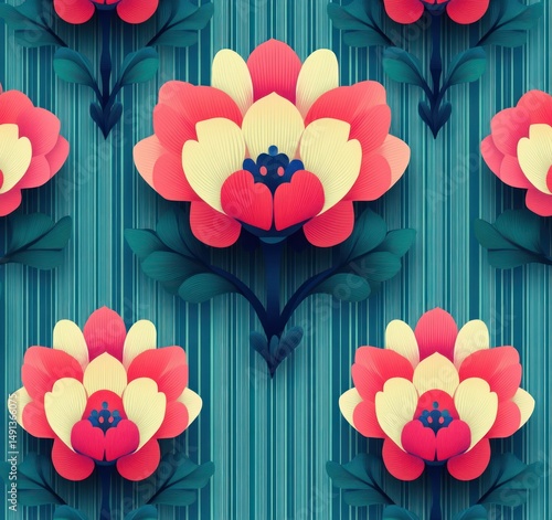 Seamless floral pattern with large stylized red and cream flowers and dark teal leaves on a vertically striped teal background conveying elegance and harmony