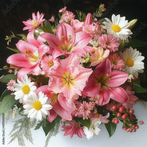 Vibrant bouquet of pink lilies, white daisies, delicate small pink flowers, green leaves, and red berries arranged beautifully on a soft white surface