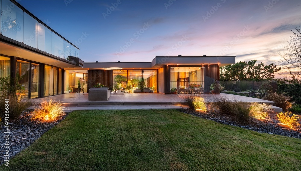 Obraz premium a modern house with large windows glowing warm lights and a beautifully landscaped yard