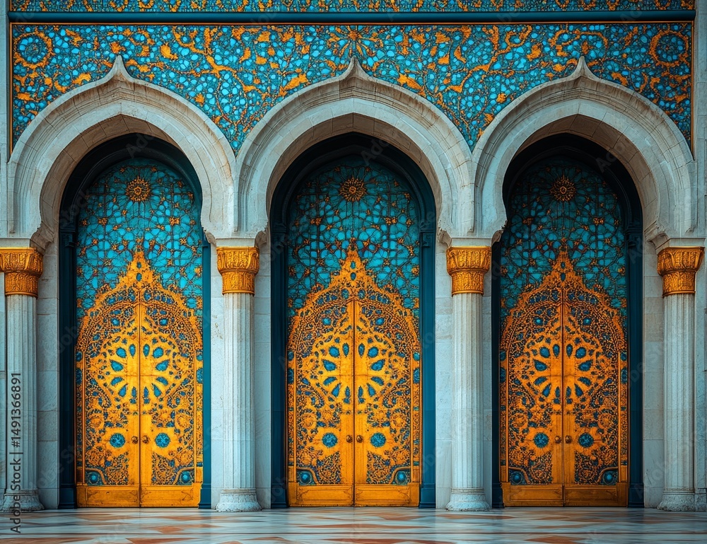Obraz premium Ornate Golden Doors with Teal Mosaic and Archways