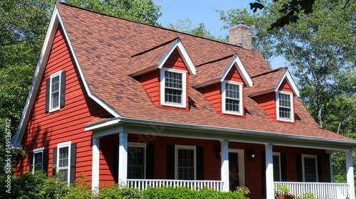 Wallpaper Mural Red House with Brown Roof and White Porch in a Green Setting Torontodigital.ca