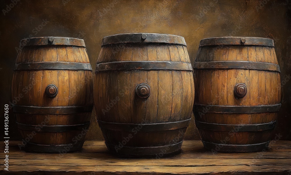 Fototapeta premium Three large wooden barrels with metal bands placed side by side on a rustic wooden surface against a warm brown textured background