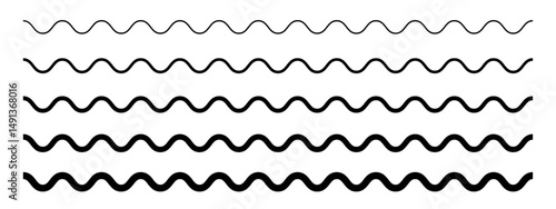 Set of horizontal wavy lines of different thickness. Undulate dividers. Water, fluid, air or wind symbols. River, sea, lake or ocean signs isolated on white background. Vector outline illustration.