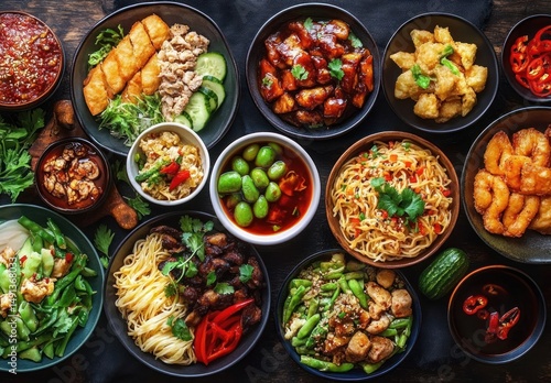 Wallpaper Mural Colorful variety of Asian-inspired dishes including noodles, vegetables, fried items, edamame, and sauces arranged in bowls on a dark surface, evoking a sense of abundance and appetite Torontodigital.ca