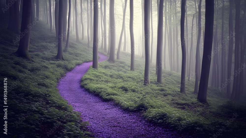 Fototapeta premium Enchanted Purple Flower Path in Misty Forest