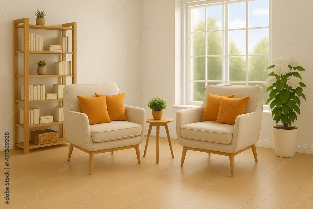 Obraz premium Modern Living Room with Wooden Bookshelf and Orange Accent Pillows