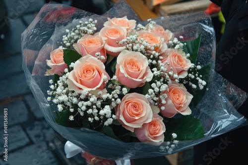 Bouquet of soft pink roses with white baby's breath flowers wrapped in translucent plastic with dark green leaves, giving a delicate and romantic feel