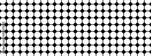 Tile pattern with hexagon and square shapes. Mosaic floor or wall texture in retro style. Cafe or restaurant interior decoration ornament. Black and white geometric print. Vector graphic illustration.