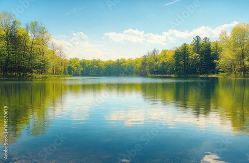 Fototapeta Naklejka Na Ścianę i Meble -  Calm lake surrounded by green trees reflecting on the water under a bright blue sky with scattered clouds on a sunny day