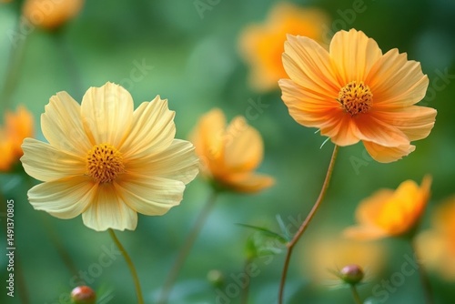 close-up of light orange and pale yellow flowers with slender stems against a blurred green background conveying calmness and natural beauty