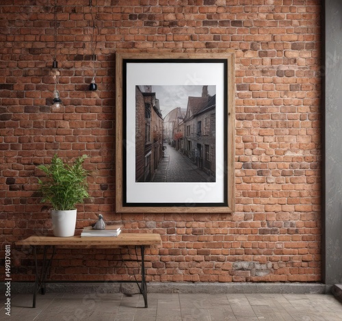 Cozy home interior, poster mockup on brick wall with clips, style, white