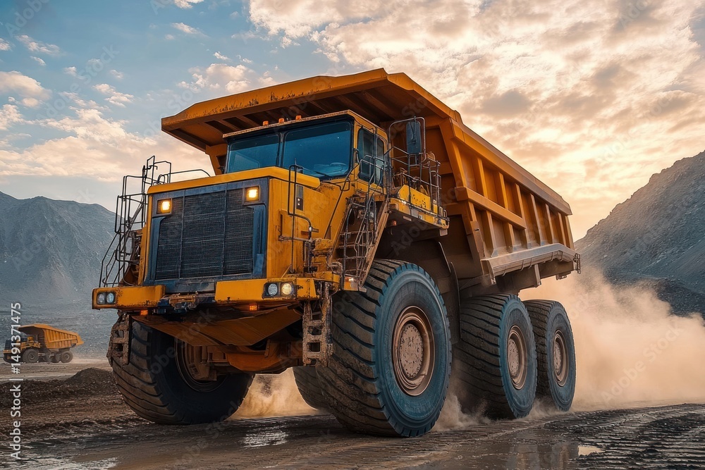 Massive yellow mining dump truck moving on dusty dirt road in mountainous open pit mine under partly cloudy sky at sunset Massive yellow mining dump truck moving on dusty dirt road in mountainous open pit mine under partly cloudy sky at sunset
