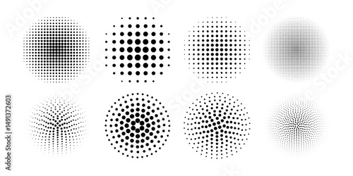 Set of dotted circles with halftone fade effect. Round shapes with polka dot pattern isolated on white background. Circular design elements with spotted texture. Vector graphic illustration.