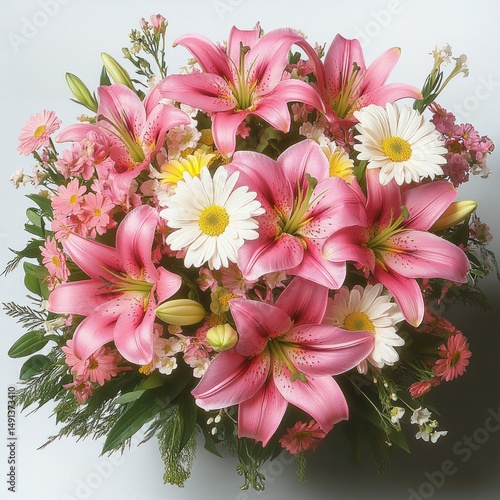 Bright and colorful bouquet featuring large pink lilies mixed with white daisies and other smaller pink and yellow flowers arranged with green foliage