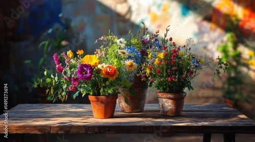 Wallpaper Mural A creative floral arrangement in terracotta pots on a wooden table Torontodigital.ca