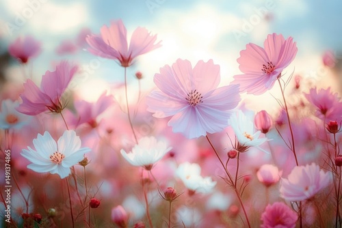 Delicate pink and white flowers blooming in a sunlit field under a soft, partly cloudy sky creating a serene and gentle atmosphere