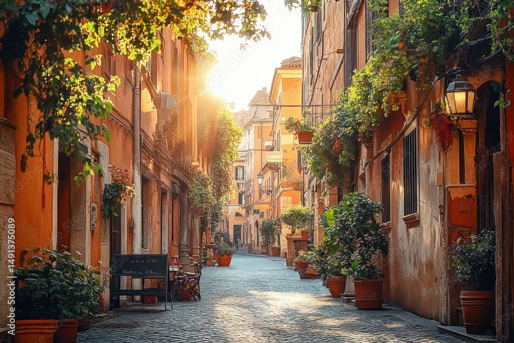 Obraz premium Sunlit narrow cobblestone street lined with terracotta buildings adorned with vibrant potted plants and greenery under a warm golden light