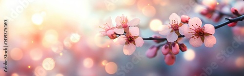Delicate pink cherry blossom flowers on branch with soft glowing bokeh background creating a peaceful and dreamy atmosphere