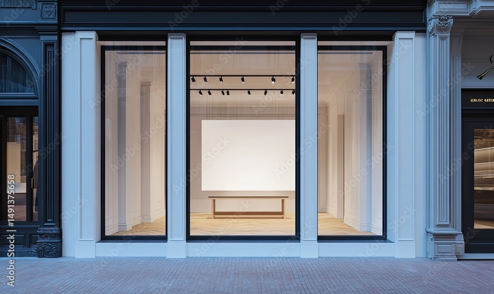 Fototapeta premium Minimalist storefront at twilight, showcasing a blank canvas and low table within a bright, empty interior, framed by large, elegant windows and classical architecture