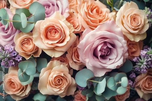 close-up of fresh blooming peach and lavender roses surrounded by eucalyptus leaves and small purple flowers creating a soft and delicate floral composition