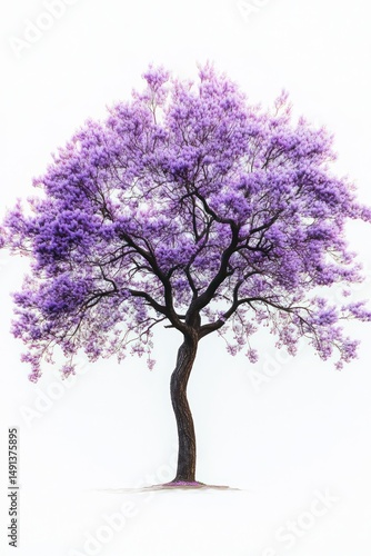 Single tree with vibrant purple blossoms and dark twisted trunk isolated on white background, evoking beauty and tranquility