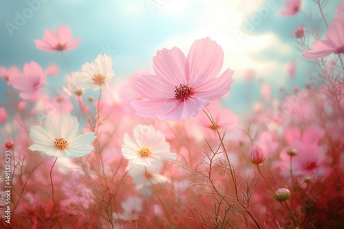 Delicate pink and white cosmos flowers gently swaying in a soft focus field under a bright, partly cloudy sky