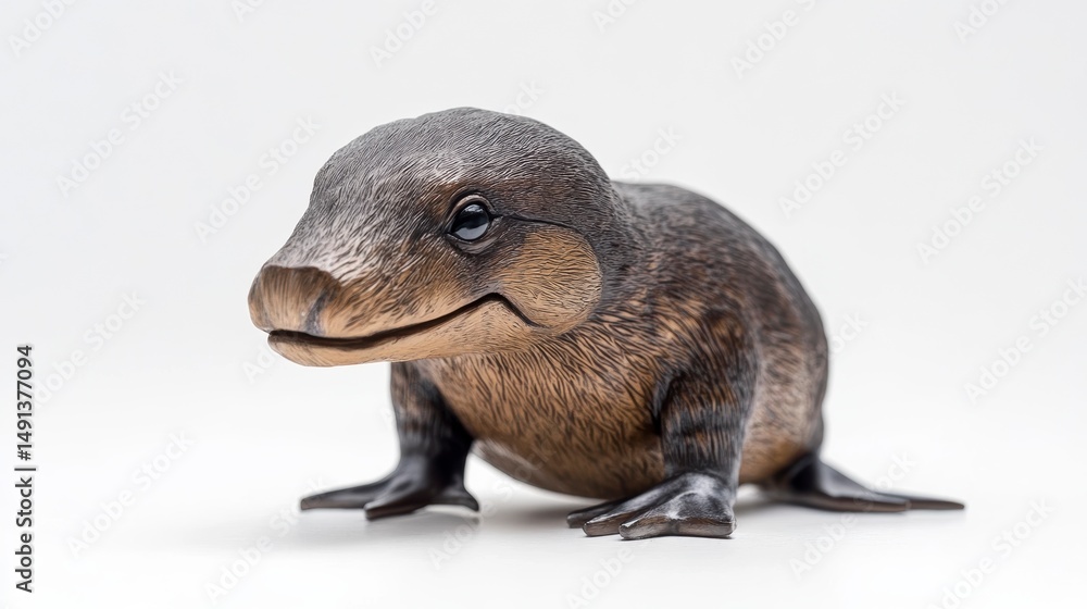 Fototapeta premium Close-up of a small, dark brown figurine resembling a baby platypus on a white background.