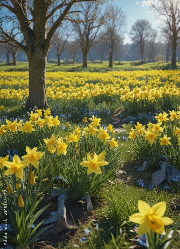 Fototapeta premium Sunlit daffodil meadow, vibrant yellow blooms under clear blue sky, yellow flowers, wildflowers, flower field