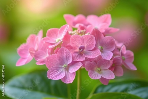 Close-up of vibrant pink hydrangea flowers with soft green leaves and blurred background, evoking freshness and natural beauty