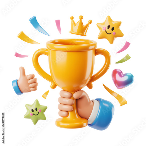 3D Rendering of Hand Holding Shiny Golden Trophy Cup with Stars on Transparent Background