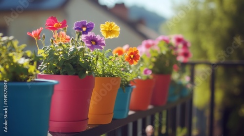 A close-up of vibrant flower pots arranged on a balcony railing, with colorful blooms catching the morning light, adding charm and color to the space.