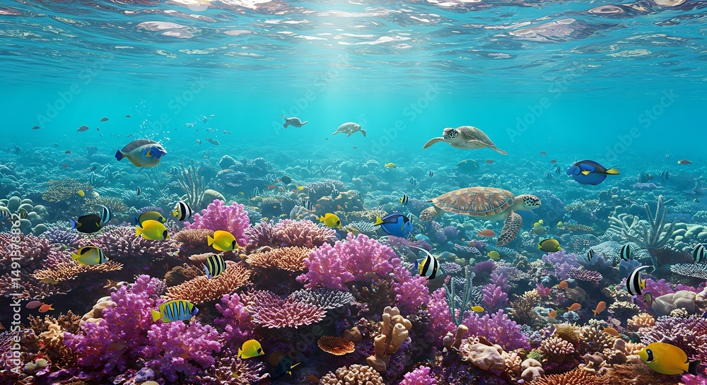 Fototapeta premium Vibrant Coral Reef Ecosystem with Diverse Marine Life