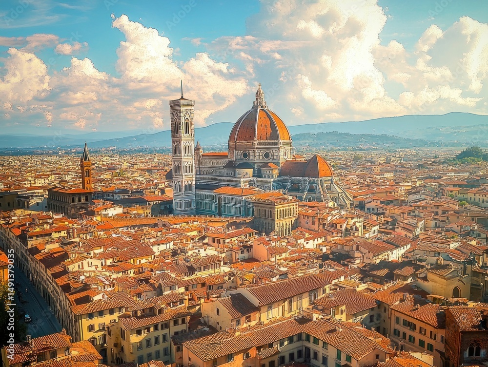 Obraz premium A panoramic view of a historic European city with a prominent cathedral featuring a large red dome and tall bell tower under a bright sky with fluffy clouds