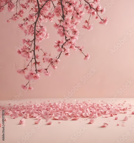 Floating pink sakura petals against a soft pastel peach backdrop  ,  elegant,  graceful