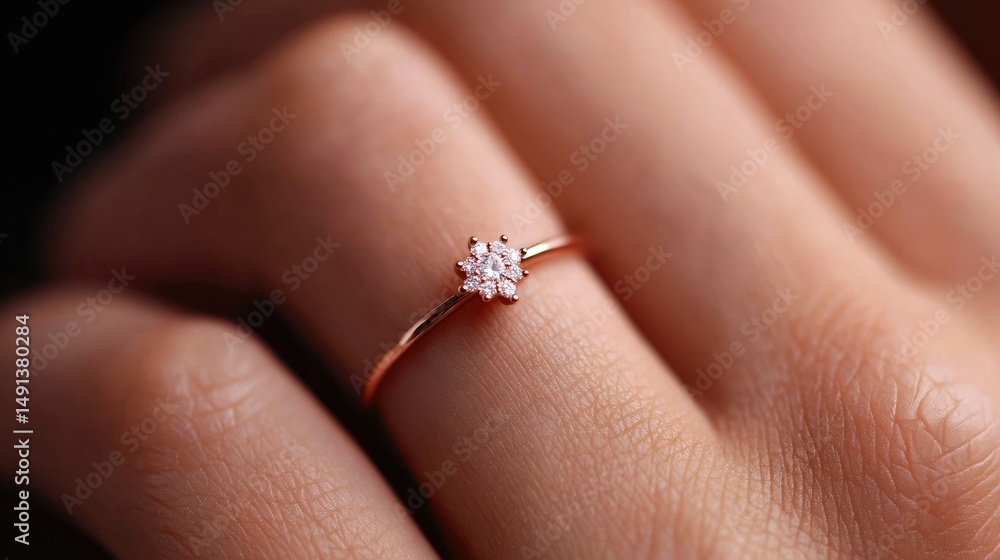 Obraz premium Delicate flower-shaped diamond ring on a human hand.