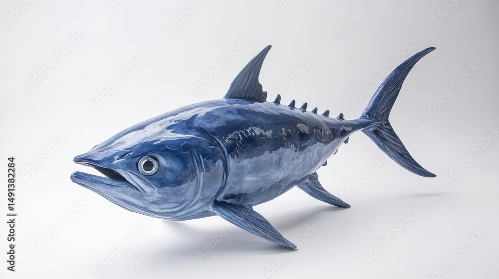 Fototapeta premium Blue ceramic tuna sculpture isolated on white background.