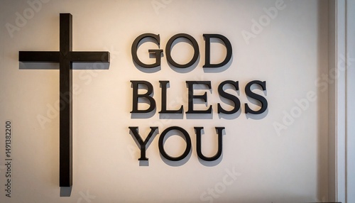 祝福の言葉god bless youの形のオブジェと十字架。aiで生成	