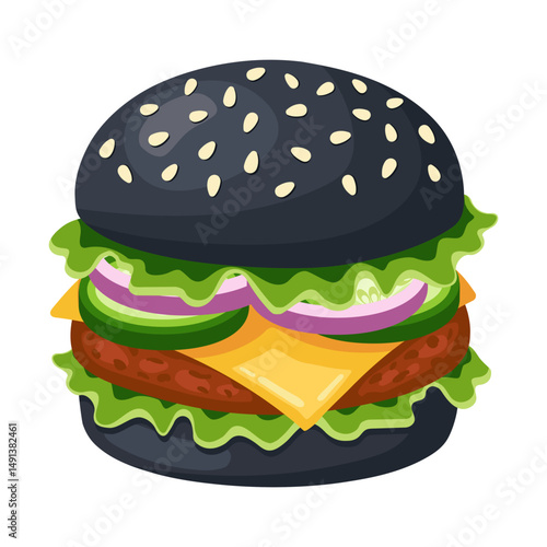 Bright cartoon-style vector burger with a black sesame bun, beef patty, cheese, lettuce, cucumber, and onion. Trendy and delicious fast food illustration. Isolated on a white background.