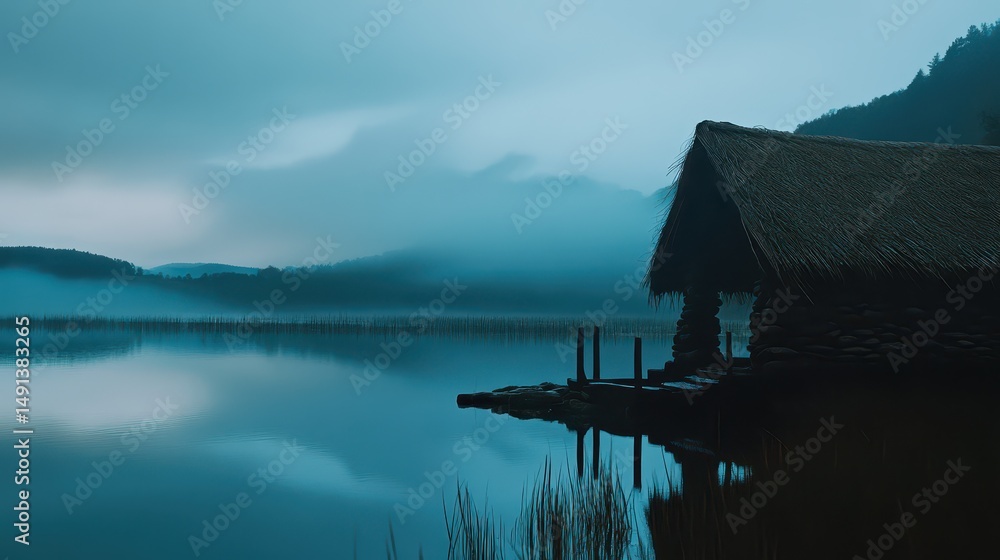 Fototapeta premium Quiet cottage by serene lake at dawn