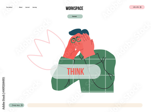 Thinking people, modern flat vector concept illustration- man standing thoughtfully, looking sideways, bubble near his head Metaphor for reflection, analysis, introspection, contemplation, deep