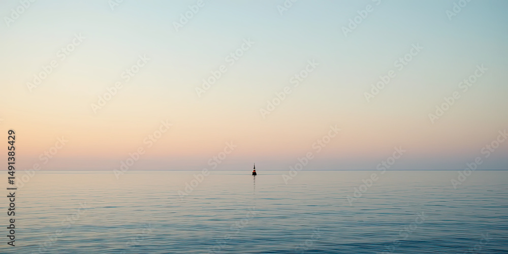 Obraz premium Minimalist seascape with calm water and pastel sky at sunset, lone buoy floating in the center of tranquil ocean horizon, peaceful and serene nature photo